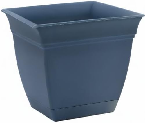 The HC Companies Eclipse Square Plastic Planter w/ Attached Saucer - Outdoor & Indoor Plant Pot with Drainage Holes - Lightweight, UV-Resistant Plastic Pots For Plants (8" Slate Blue, Pack of 1)