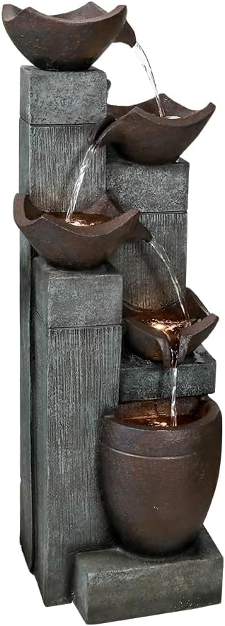 SunJet 5-Tier Modern Water Fountain, Outdoor/Indoor Resin Water Fountains with Soothing Water Sounds & Warm LED Light, Perfect for Garden, Patio, Home & Office, 13.7" L x 13.3" W x 39.7" H