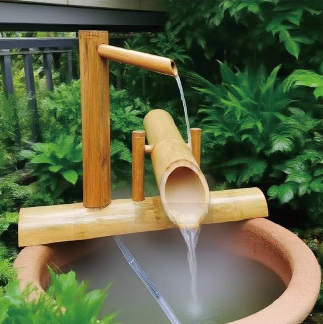 Bamboo Fountain kit with Pump, Japanese Outdoor Fountain Handmake from Real Bamboo, Zen Outdoor Water Fountains (Shishi Odoshi 15‘’)