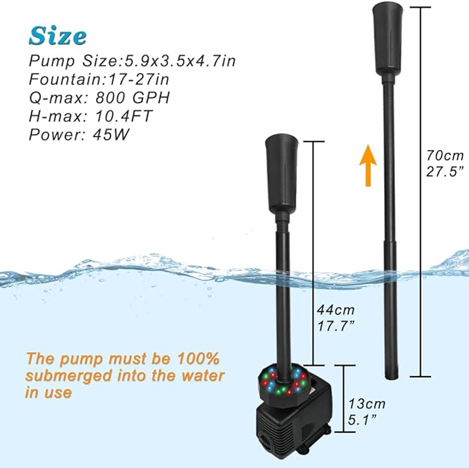 DOMICA 45W 792 GPH LED Pond Pump with Fountain Kit (3000L/H), Submersible Garden Water Fountain Pump, for Waterfall, Hydroponics, Aquariums, Fish Tanks, Indoor Outdoor