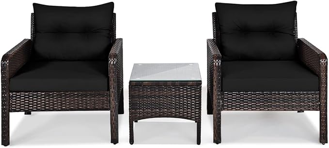 Tangkula 3 Piece Outdoor Patio Furniture Set, Wicker Chairs Set with Glass Top Coffee Table, Thick Cushions, All Weather Garden Lawn Poolside Backyard Porch Furniture Set for 2 (Black)