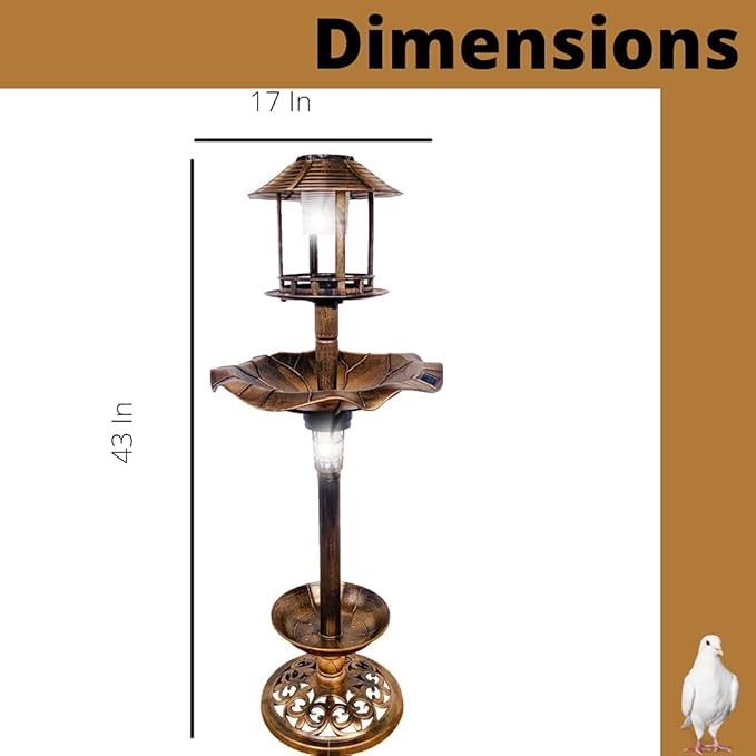 BTEXPERT Outdoor Solar Garden Bird Bath Vintage Lighted Pedestal Fountain Flower Birdbath Planter Accents Decoration Yard Statue Feeder, Decorative Cage, Fillable Stand Polyresin