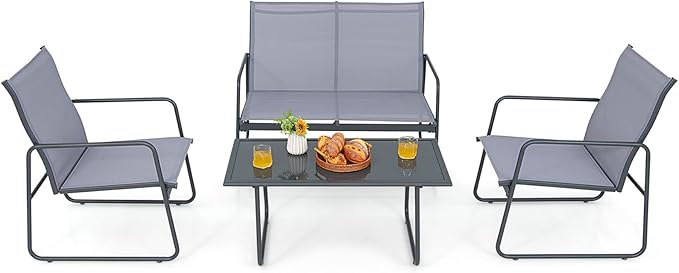 Tangkula 4 Pieces Patio Furniture Set, Outdoor Conversation Set with Tempered Glass Coffee Table, Metal Frame, Breathable Fabric, Indoor & Outdoor Chat Set of 4, for Patio, Poolside, Garden (Gray)