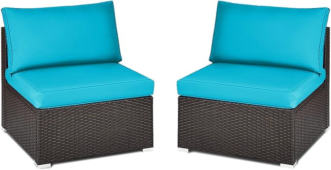 Tangkula 2 PCS Outdoor Wicker Armless Sofa, Patio Rattan Sectional Sofa Set w/2 Thick Seat Cushions and 2 Back Cushions, Additional Seats for Balcony Garden Patio Poolside (Turquoise)