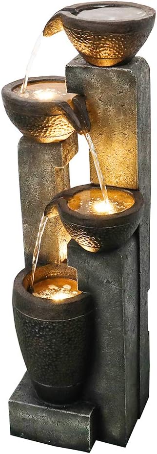 40" Inch Water Fountain Outdoor&Indoor 4-Tiers Large Outdoor Patio Decor Gray Garden Water Fountain for Outside Waterfall with LED Light&Pump Resin Modern Floor-Standing Water Feature Outdoor