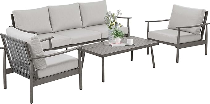 HAPPATIO Patio Outdoor Furniture Set - 4 Piece Aluminum Patio Conversation Set with 1 Coffee Table, 2 Armchairs and 1 Three-Seater Sofa, Aluminum Outdoor Furniture Set for Backyard Poolside (Grey)