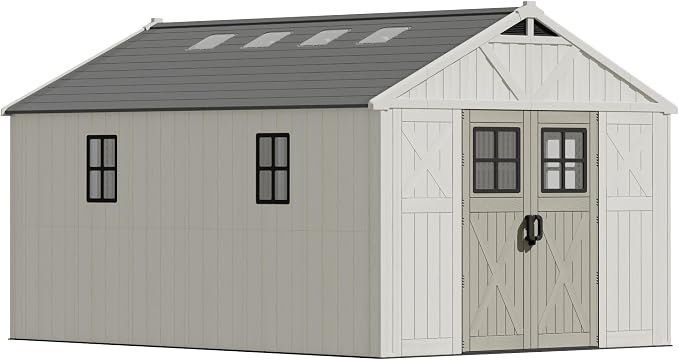 Devoko 10x14 FT Plastic Storage Shed with Floor, Large Resin Tool Outdoor Shed with Lockable Door & Windows, Outside Garden Storage Shed for Patio Backyard Lawn, Beige - Image 6