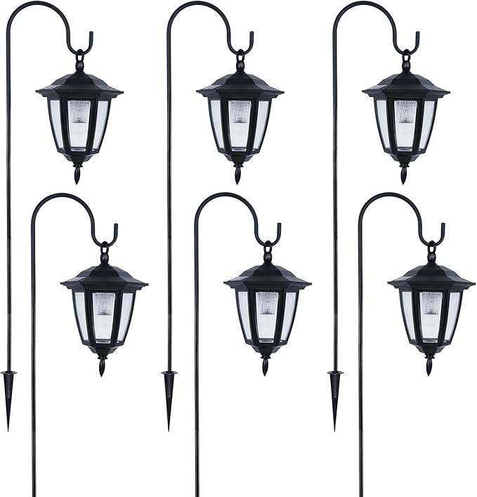 Dynaming 6 Pack Solar Hanging Lights Outdoor, Solar Powered Garden Decorative Lanterns with 6 x 38 Inch Shepherd Hooks, Waterproof Landscape Lighting for Lawn Patio Yard Pathway Driveway, Warm White