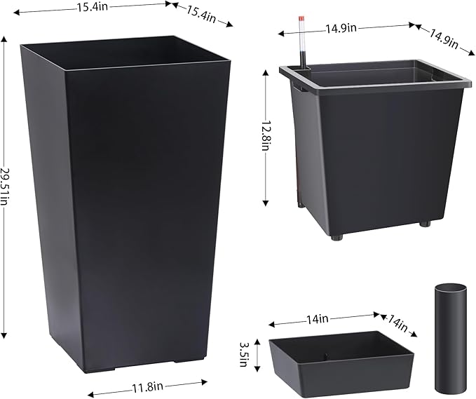 Garvee 30" Tall Planters Set of 2, Outdoor&Indoor Black Planter Pots, High Front Porch Planter Pots with Drainage Holes&Water Level Monitor&Inner Bucket,Black