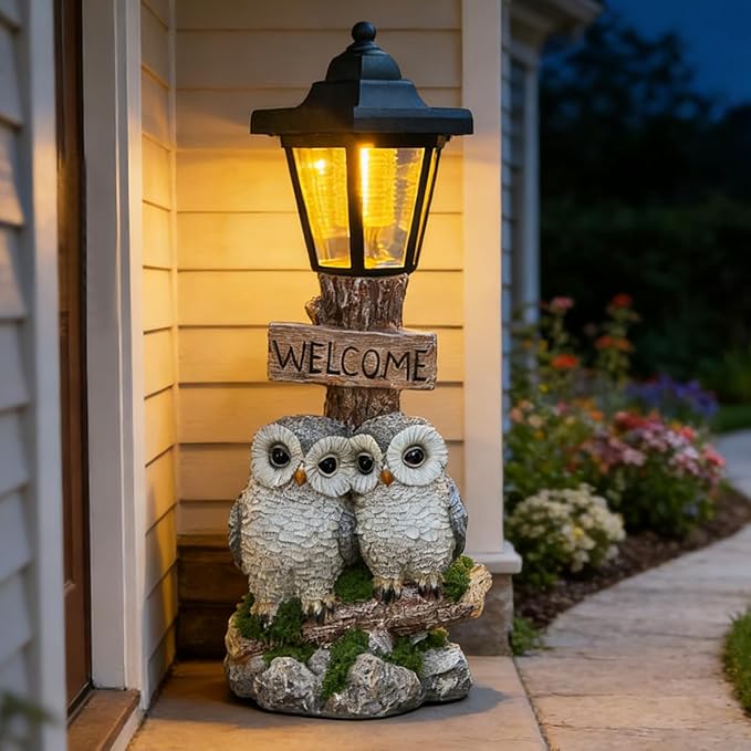 Outdoor Garden Owl Statue with Solar Lights, Owl Figure with Welcoming Sign,for Outdoor Landscapes, Courtyards, Paths,Outside Patio Lawn Decor,Gifts for Women, Owl Lovers