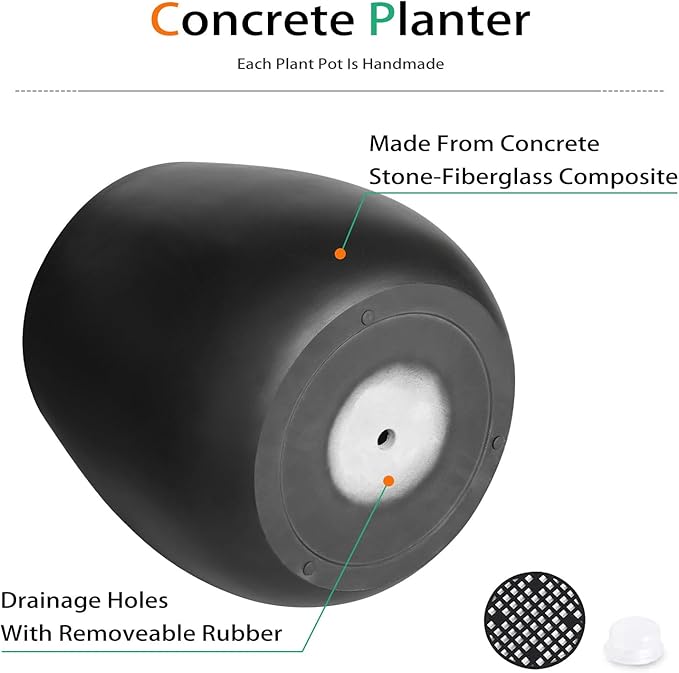 Oval Concrete Planters for Outdoor Plants, Large Tall Cement Flower Pots Indoor for Garden, Front Porch, Patio (Black)