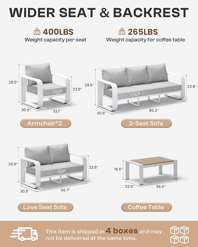 Aluminum Outdoor Sofa Bistro Set, Oversized Patio Conversation Sets Widened Armrest & Ultra-Thick Cushions, Deep Seating Patio Furniture Set for Backyard, Porch, White