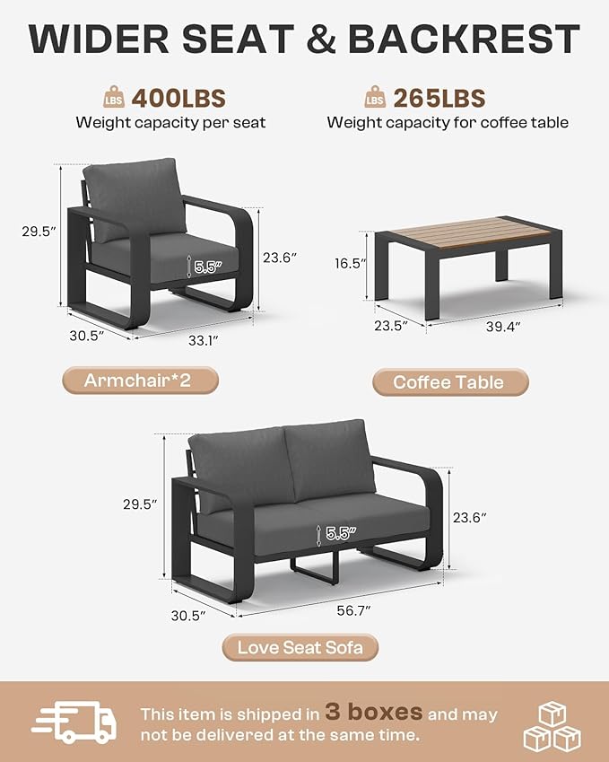 Aluminum Outdoor Patio Sofa Armchair, Oversized Patio Couch with Widened Armrest & Ultra-Thick Cushions, Deep Seating Modern Patio Chairs Set for Backyard, Deck, Graphite