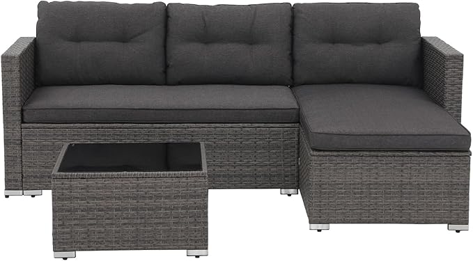 JOIVI Outdoor Patio Furniture Sets, 3-Piece All Weather Wicker Outdoor Conversation Set, Rattan Sectional Sofa Set, Patio Couch with Tempered Glass Table for Porch, Garden, Dark Gray