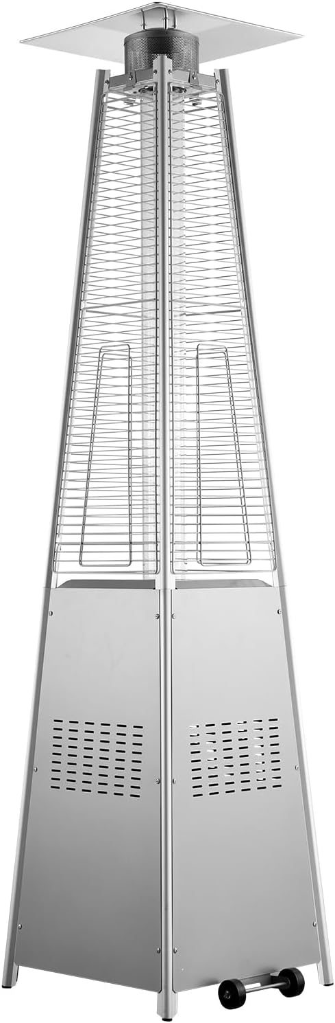 VEVOR Patio Heater for Outdoor Use, 48000BTU Pyramid Propane Heater w/Wheels, Quartz Glass Tube Outdoor Patio Flame Heater for Patio, Party, Backyard, Garden, Decoration, Silver