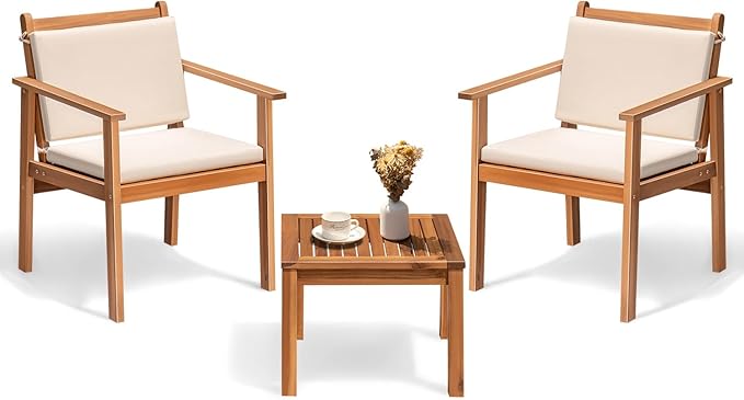 Greesum Outdoor Patio Furniture, 3 Piece Bistro Sofa Set with 1 Coffee Table and 2 Chairs, Acacia Wood Conversation Sets with Cushions, for Garden, Backyard, Poolside, White