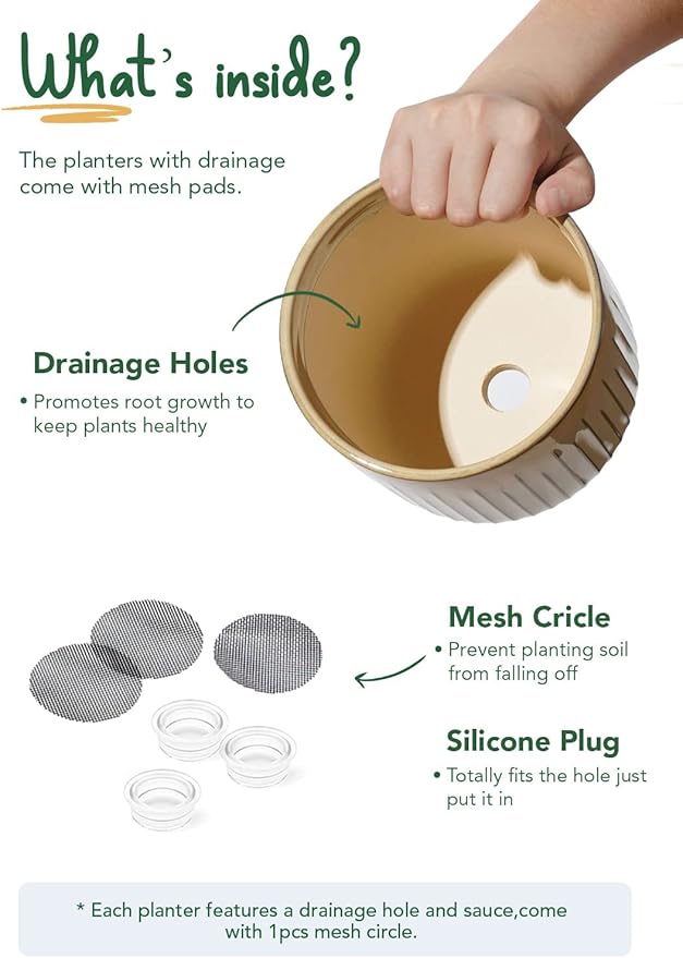 LE TAUCI Ceramic Pots for Plants, 8.3/7/6 Inch Indoor Planters with Drainage Holes & Mesh, Modern Glossy Glaze Cylinder Fluted Plant Pot for Snake Plant, Set of 3, Sand Beige