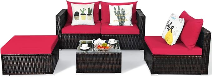 Tangkula 5 Piece Outdoor Patio Furniture Set, Sturdy Frame and Weight Capacity Up to 360 Pounds, Wicker Sectional Sofa Set with Glass Top Coffee Table, Porch Garden Poolside Furniture for 4 (Red)