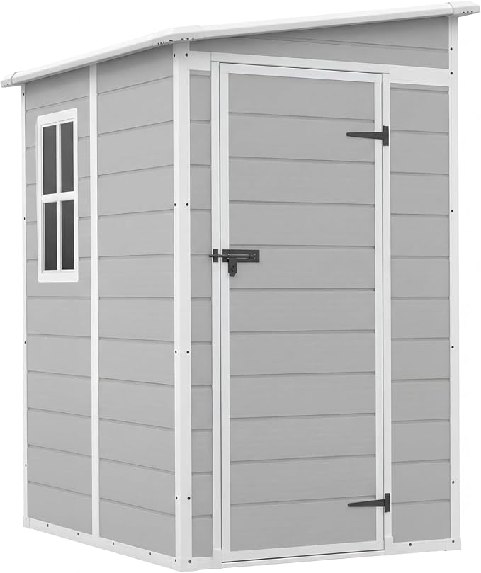 Devoko 5 x 4 FT Resin Outdoor Storage Shed with Floor, Plastic Tool Shed with Window, Outside Waterproof Garden Shed with Lockable Door for Patio, Lawn, Backyard, Poolside, Light Grey - Image 5