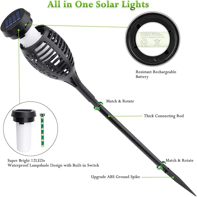 Outdoor Solar Lights, 12Pack Solar Torch Light with Flickering Flame, Solar Garden Lights Waterproof for Outdoor Decorations, Flame Torches for Outside, Outdoor Lighting for Pathway Yard Decor