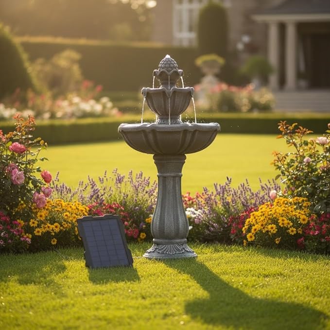 XBrand 36.2" Solar Powered 2-Tier Outdoor Water Fountain, Resin Fountain with Solar Panel Pump, Gray