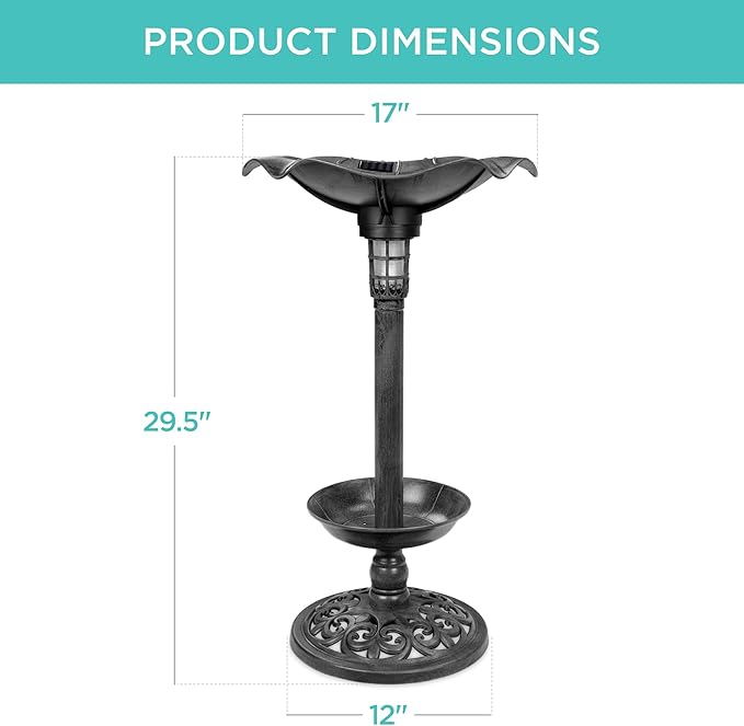 Best Choice Products Outdoor Solar Lighted Pedestal Bird Bath Fountain Decoration w/Planter, Integrated Panel, Scroll Accents for Lawn, Garden - Black