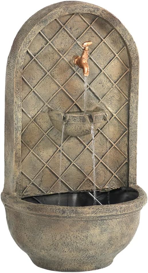 Sunnydaze 26" Outdoor Wall Water Fountain with Pump and Panel - Florentine Stone - Messina - Solar/Battery-Powered