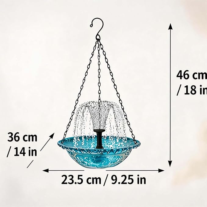 Solar Cascade Hanging Bird Bath Fountain, Outdoor Hanging Bird Bath with Solar Fountain, Large Humming Birds Baths Fountains, with Solars Pump & Glass Bowl, for Outdoor, Gardens (1pc)
