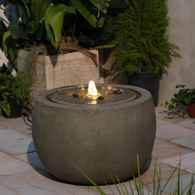 Garden Medium Water Fountain Outdoor Bubbler Water Feature Indoor with Lights & Pump and Pebbles Waterfall Fountains for Patio Deck Yard Home Decor Gray, 18 "L x 18" W x 11.5" H