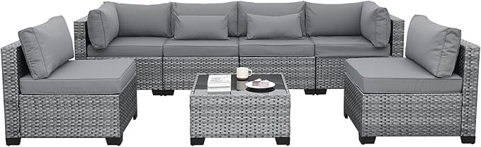 Valita 7 Pieces Outdoor Wicker Furniture Conversation Set Patio Sectional Sofa Set Glass Table with Non-Slip Cushions Furniture Cover, Light Grey