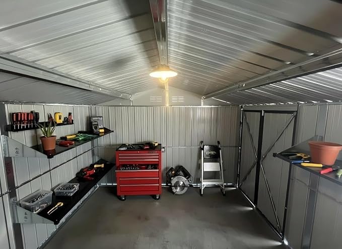 10x12 FT Outdoor Storage Shed, Large Metal Garden Shed with Window & Hinged Door, Upgraded Outside Tool Shed with Foldable Worktable & 2 Shelves, Waterproof Storage Building for Backyard, Brown+Black - Image 8