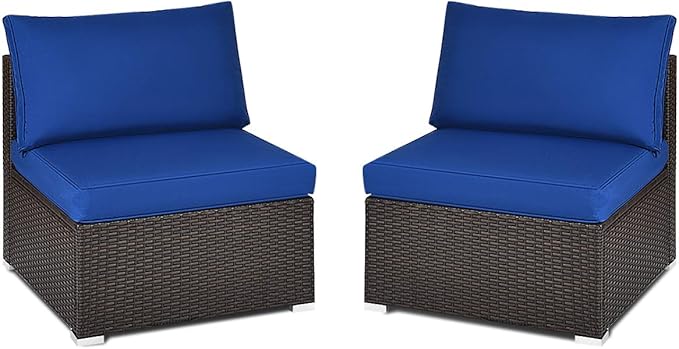 Tangkula 2 PCS Outdoor Wicker Armless Sofa, Patio Rattan Sectional Sofa Set w/2 Thick Seat Cushions and 2 Back Cushions, Additional Seats for Balcony Garden Patio Poolside (Navy Blue)