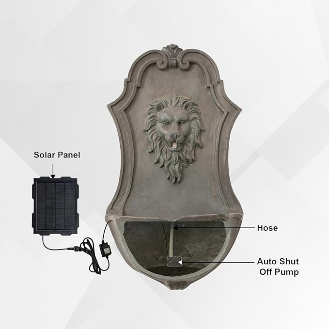 XBrand 26" Solar-Powered Wall-Mounted Lion Head Fountain, Resin, Outdoor, Gray