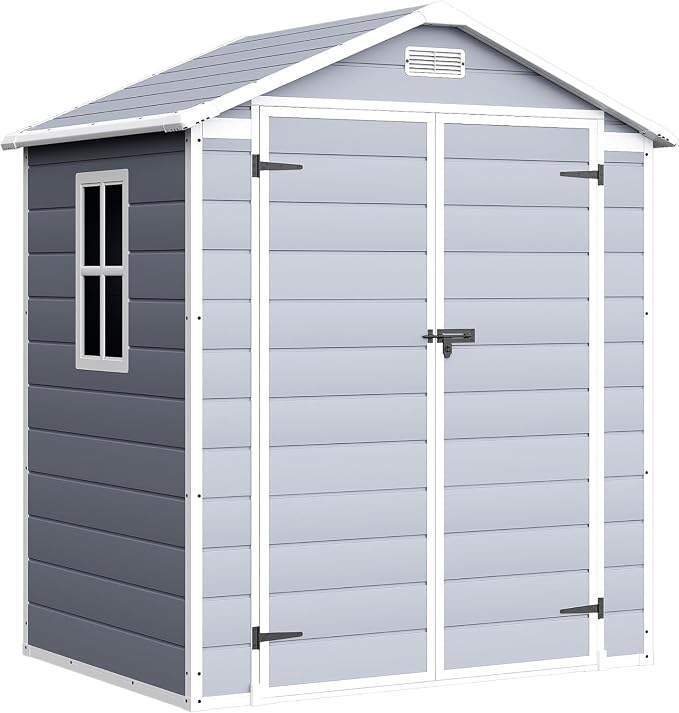 Devoko 6 x 4 FT Plastic Outdoor Storage Shed with Floor, Resin Tool Shed with Window, Outside Waterproof Garden Shed with Lockable Door for Patio, Backyard, Poolside, Light Grey - Image 7