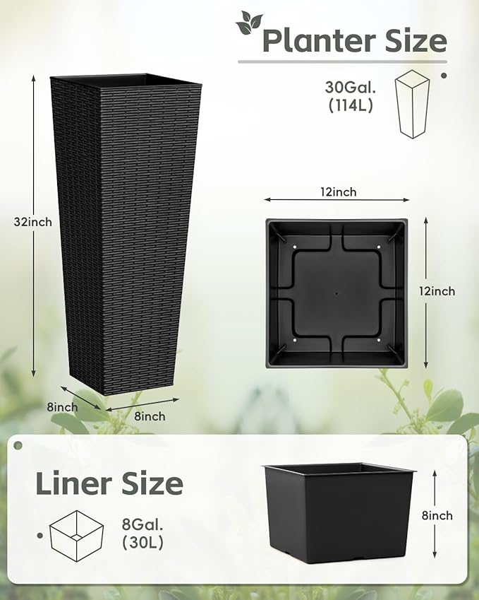 32 Inch Tall Plastic Planters(Set of 2), Detachable Inner Pot & Drainage Holes, Outdoor Decorative Flower Pots for Large Plants, Trees, Patio, and Garden, Black