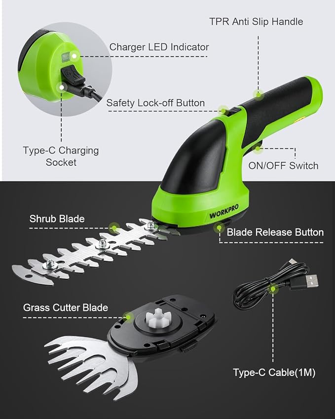 WORKPRO Cordless Grass Shear & Shrubbery Trimmer - 2 in 1 Handheld 7.2V Electric Grass Trimmer Hedge Shears/Grass Cutter Rechargeable Lithium-Ion Battery and Type-C Cable Included - Image 8
