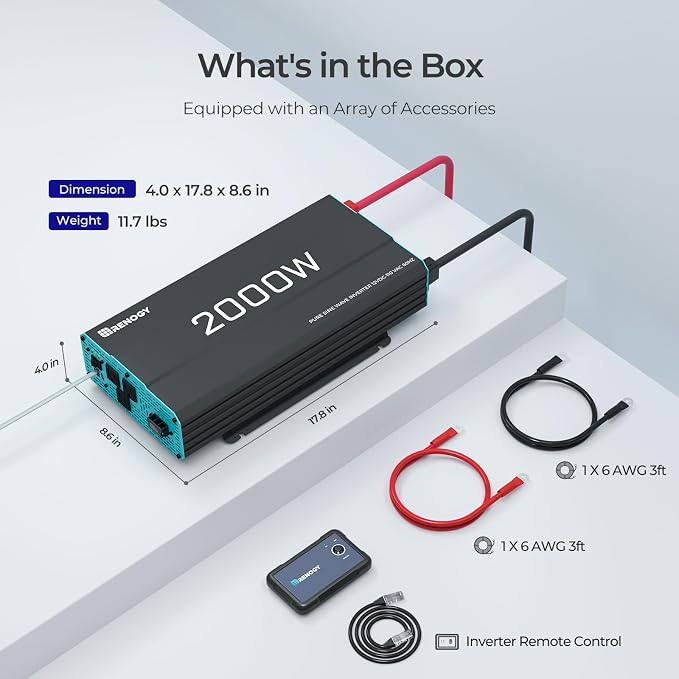 Renogy Inverter P2 2000W Pure Sine Wave Inverter 12V DC to 110V AC Converter, Off-Grid Solar Power Inverters for Vehicles, Truck, RV, Home, with Built-in 5V/2.1A USB / Hardwire Port, Remote Controller - Image 8