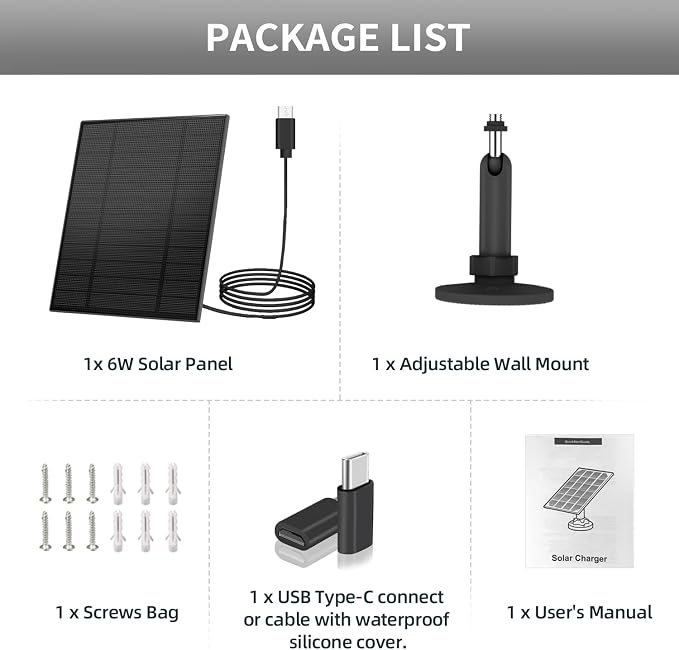 5W Solar Panel for Security Camera, Solar Panel with Micro USB & USB-C Port for DC 5V Outdoor Rechargeable Battery Camera, IP65 Waterproof, 360° Adjustable Security Mount, 9.8ft Cable (2, Black) - Image 9