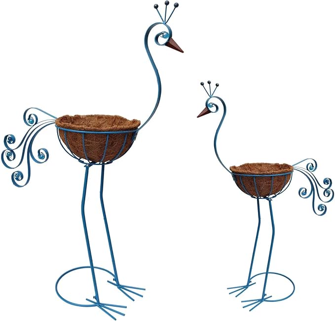 Metal Peacock Planter with Fiber Basket -Garden Bird Planters for Outdoor Indoor Lawn,Yard,Porch,Patio, Garden Decorations(Set of 2)