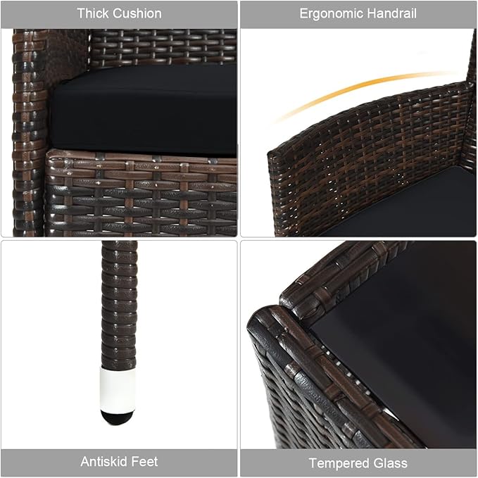 Tangkula 4 Pieces Patio Rattan Conversation Set, Outdoor Wicker Furniture with Tempered Glass Coffee Table & Thick Cushion, Rattan Chair Wicker Set for Garden, Lawn, Poolside and Backyard (1, Black)