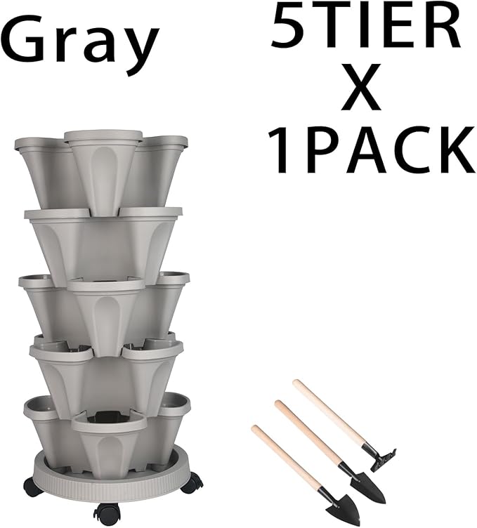 GameXcel Vertical Planter Tower - 5 Tier Stackable Garden Planters with Wheels and Tools Plant Pots for Strawberry Herb Flower and Vegetable Indoor Outdoor Use Gray