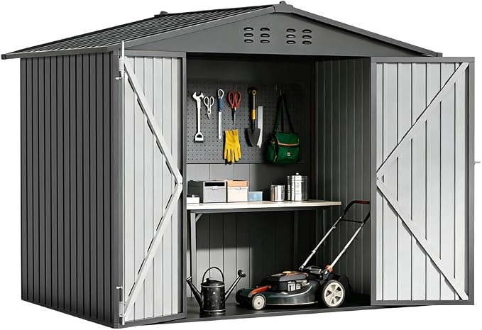 COMHOMA Shed Storage Outdoor Metal Windowed Lockable Weatherproof Ventilated Backyard Garden Utility Workshop(Grey,8'*6') - Image 8