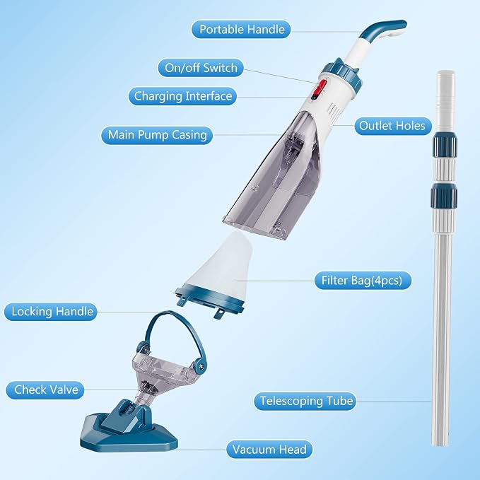 Pool Vacuum for Above Ground Pool with a Telescopic Pole, Running time up to 1H, Handheld Rechargeable Pool Cleaner with Powerful Suction up to 18.5 gallons/min, Ideal for Leaves & Debris, PC10 - Image 7