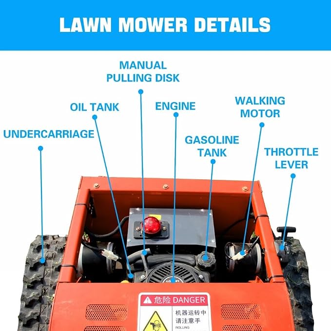 300lbs Remote Control Lawn Mower with 9Hp Four Stroke Gasoline Engine, Manganese Steel Blade, Adjustable Cutting Height and Speed, All Terrain Grass Cutter Yard Mower Remote Control (Orange) - Image 9
