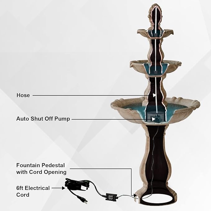 XBrand 51" 3-Tier Outdoor Freestanding Waterfall Fountain with Pump and Pineapple Finial, Beige