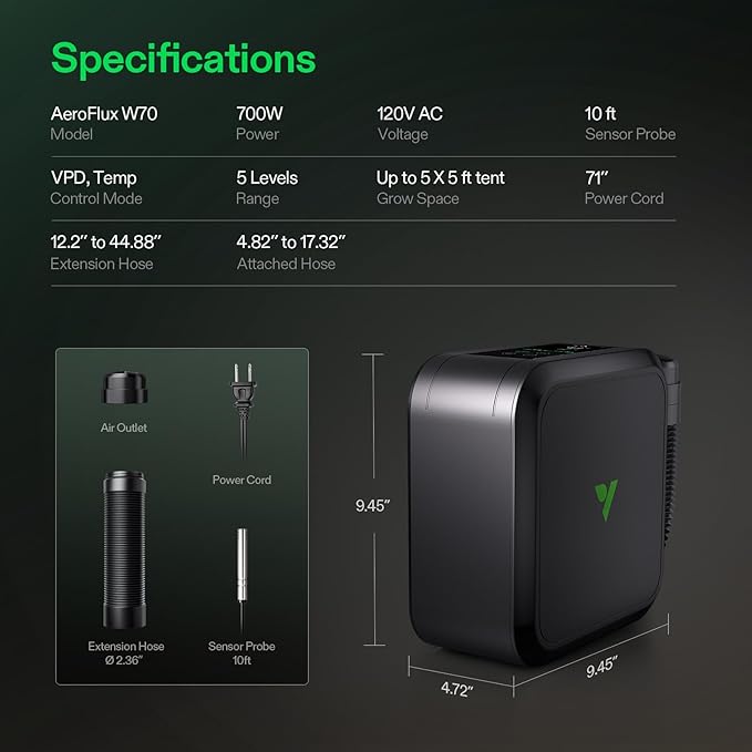 VIVOSUN AeroFlux Smart Grow Tent Heater with Thermostat, 700W PTC Heating, Compact & Portable with VPD, APP Control & Overheat Protection, Included Extension Hose for Grow Tents, Rooms, Greenhouses