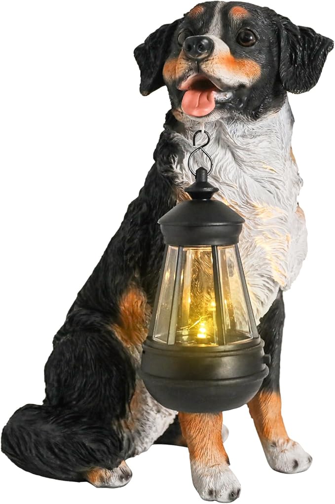 Afirst Dog Garden Statue - Outdoor Decor with Solar Lantern Valentine's Day Gift Lovely Bernese Mountain Dog Figurine Patio Lawn Yard Art Ornaments Housewarming Gift
