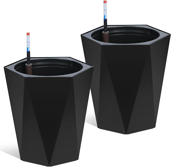 GarveeLife 16 Inch Tall Planters Set of 2, Outdoor Planters Self Watering Plant Pots with Water Level Monitor, Multiple Drainage Holes, Flower Pots for Patio, Porch, Living Room, or Home Office, Black