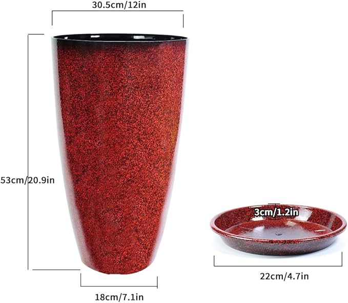 2 Pcs Pack 21 Inches Plastic Resin Tall Tapered Planter Pots Large Round Planter Flower Pot with Drainage Holes for Indoor Outdoor Deck Porch Yard Office Garden Home Patio Front Door (Red, L)