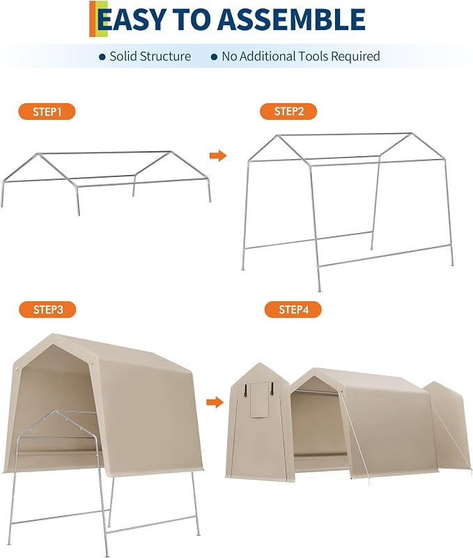 GarveeLife Portable Outdoor Storage Shed with Roll-Up Zipper Door & Vent, 240G Heavy-Duty Shelter Waterproof PE Tarp, UV-Resistant Carport for Motorcycle, Firewood, Tools (Khaki, 6'x8') - Image 7